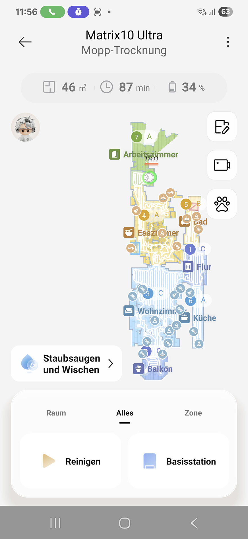 Die App des Matrix 10 Ultra zeigt viele detaillierte Reinigungs- und Geräteeinstellungen.